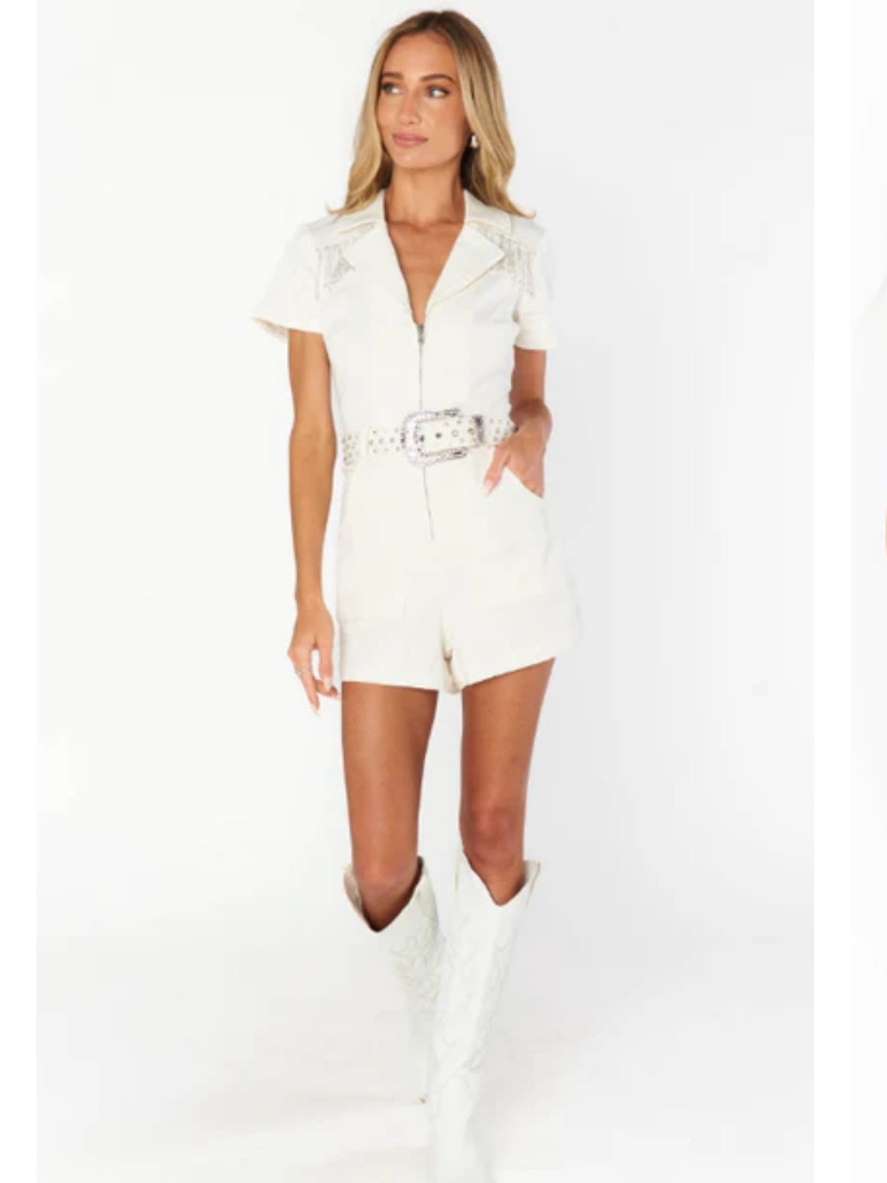 Show Me Your MuMu White Outlaw Romper with Belt - Picture 3 of 6